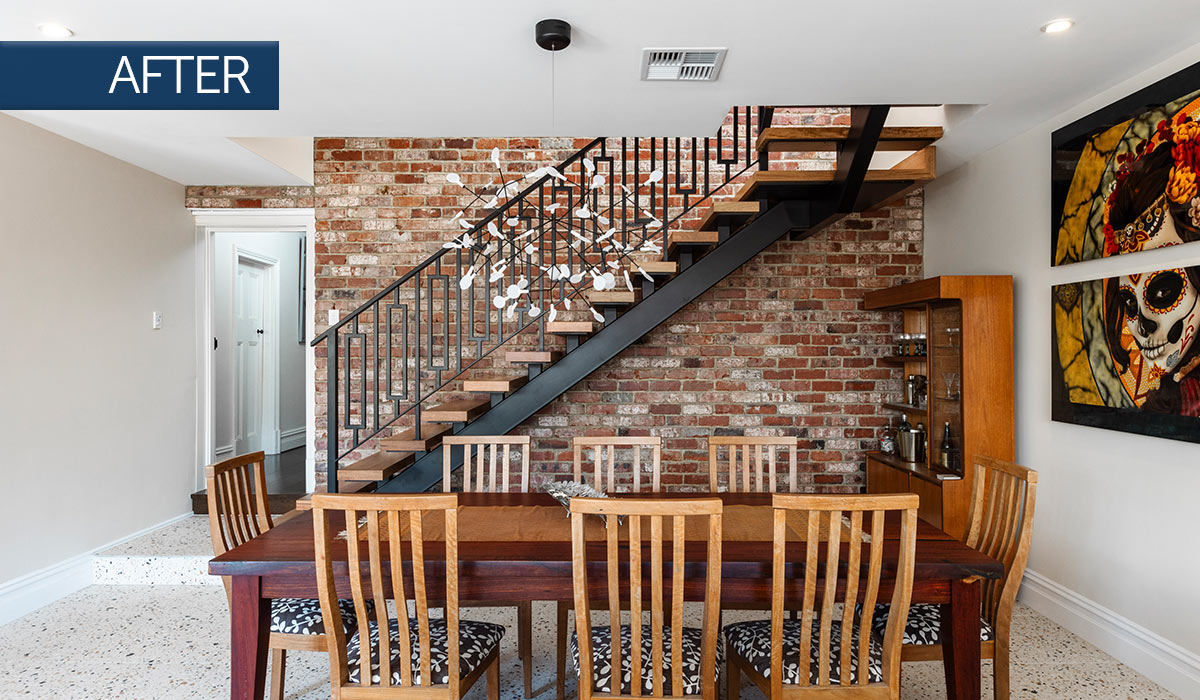 Photo of staircase and dining table inside second storey addition in Mt Lawley - renovated by Nexus Homes Group