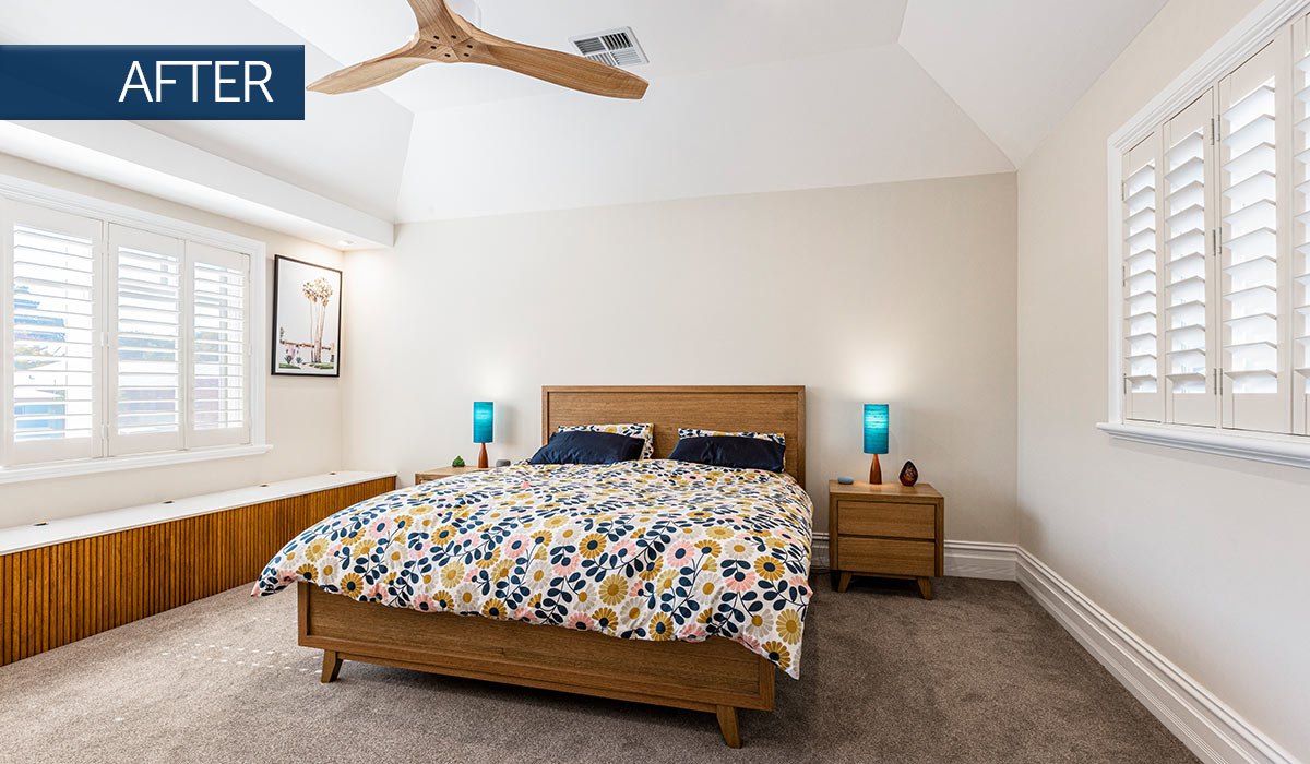 Photo of master bedroom inside second storey addition in Mt Lawley - renovated by Nexus Homes Group