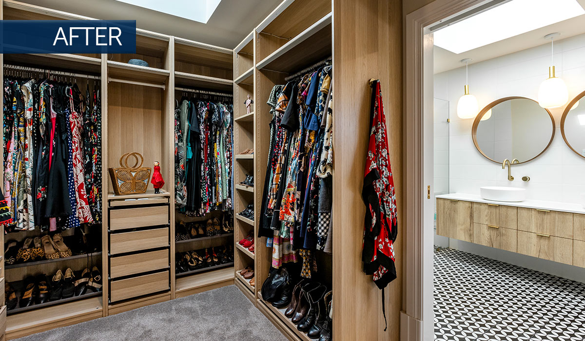 Photo of walk-in robes inside second storey addition in Mt Lawley - renovated by Nexus Homes Group